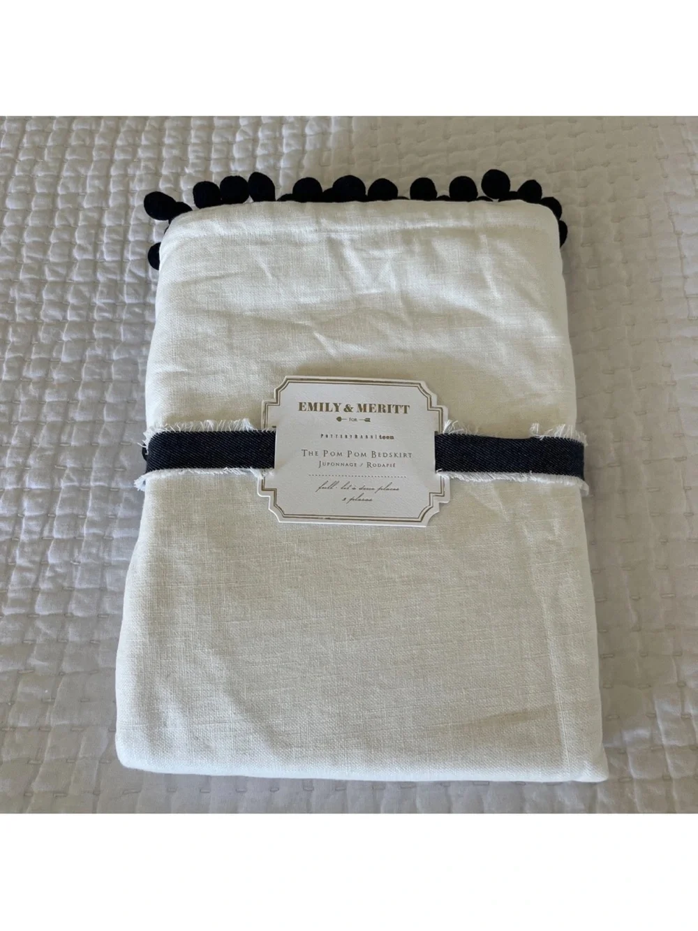 Emily & Meritt Pom Pom Full Bedskirt - Ivory with Black Trim 18” Drop NEW